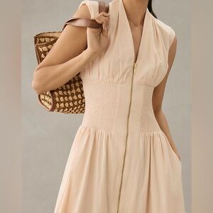 NWT The Tommie Cap- Sleeve Smocked Front-Zip Shirt Dress